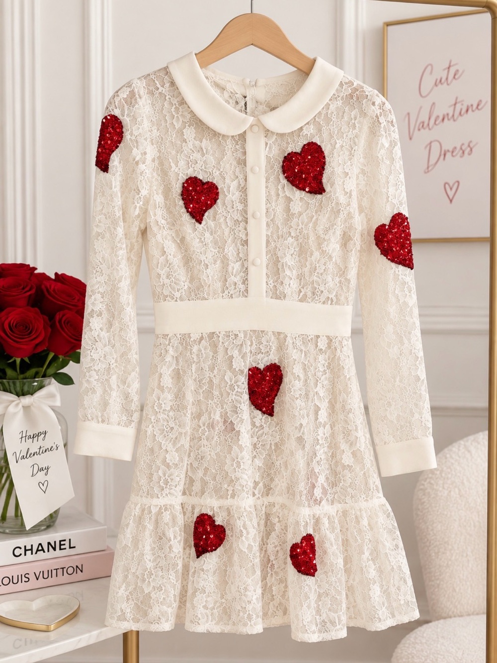 For Love And Lemons Ivory Lace Dress with Red Sequin Hearts